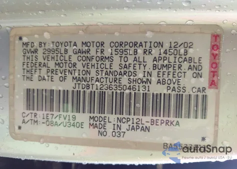 2003 Toyota Echo from USA, damaged, VIN JTDBT123635046131